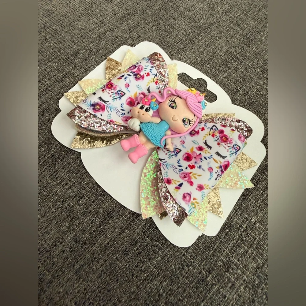 Floral Glitter Hair Bow with Doll Accent